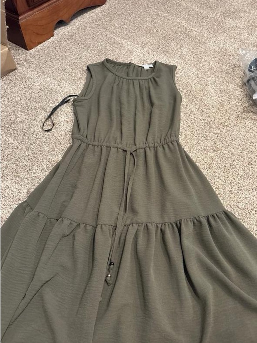 Sleeveless Olive Tiered Drawstring Maxi Dress
